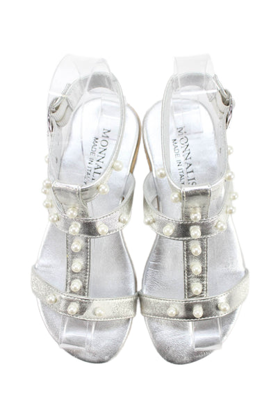 Monnalisa Girls Metallic Leather Faux Pearl Ankle Strap Sandals Silver Size 31