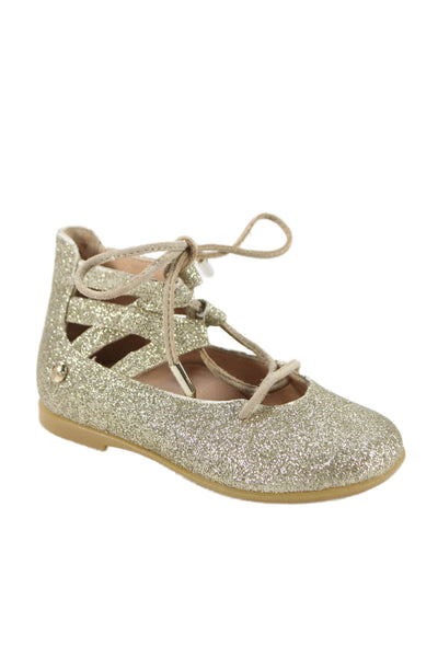 Aquazzura Girls Lace Up Metallic Glitter Ballet Flats Gold Leather Size 22