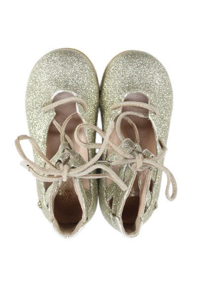 Aquazzura Girls Lace Up Metallic Glitter Ballet Flats Gold Leather Size 22