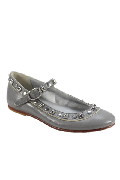 Bonpoint Girls Studded Trim Leather Mary Jane Ballet Flats Gray Leather Size 26