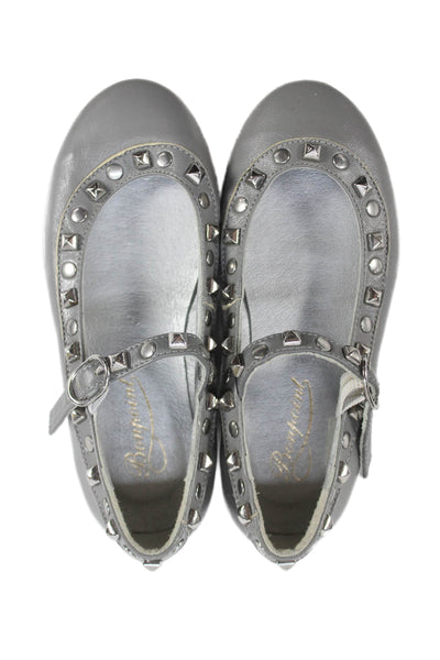 Bonpoint Girls Studded Trim Leather Mary Jane Ballet Flats Gray Leather Size 26