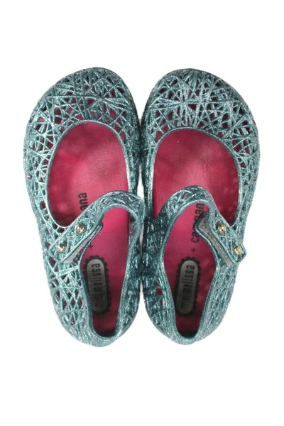 Mini Melissa x Campana Girls Metallic Rubber Mary Jane Ballet Flats Blue Size 7