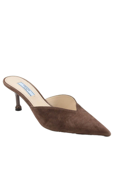 Prada Womens Stiletto Heel Pointed Toe Mules Pumps Brown Suede Size 35