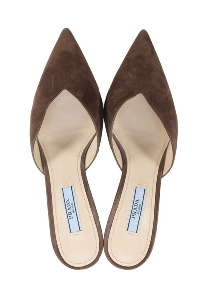 Prada Womens Stiletto Heel Pointed Toe Mules Pumps Brown Suede Size 35