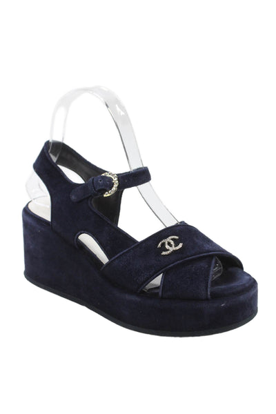 Chanel Womens Wedge Heel Platform CC Ankle Strap Sandals Navy Suede Size 35.5