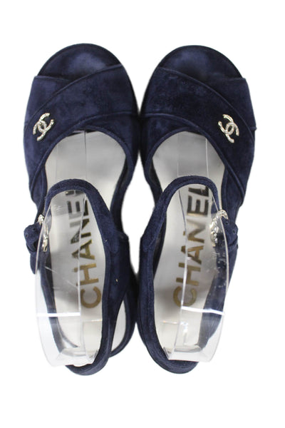 Chanel Womens Wedge Heel Platform CC Ankle Strap Sandals Navy Suede Size 35.5
