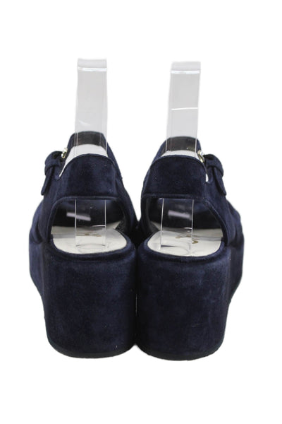 Chanel Womens Wedge Heel Platform CC Ankle Strap Sandals Navy Suede Size 35.5