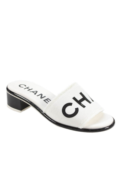 Chanel Womens Block heel Canvas Logo Slide Sandals White Black Size 36