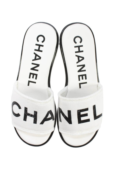 Chanel Womens Block heel Canvas Logo Slide Sandals White Black Size 36