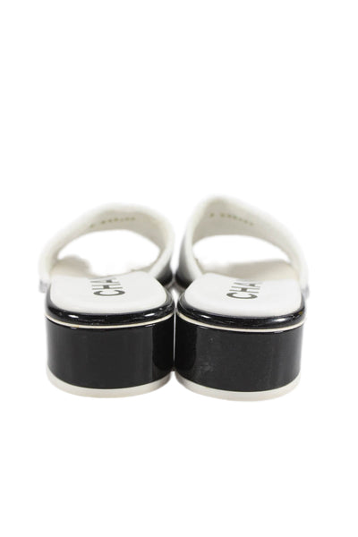 Chanel Womens Block heel Canvas Logo Slide Sandals White Black Size 36