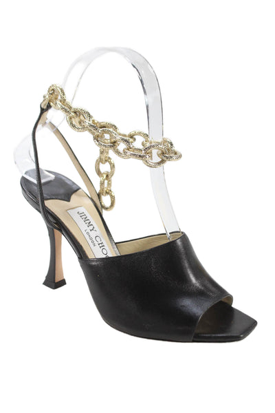Jimmy Choo Womens Stiletto Chunky Chain Ankle Strap Sandals Black Leather 35