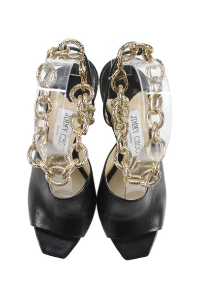 Jimmy Choo Womens Stiletto Chunky Chain Ankle Strap Sandals Black Leather 35