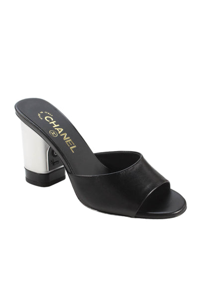 Chanel Womens CC Block Heel Single Strap Slide Sandals Black White Size 36