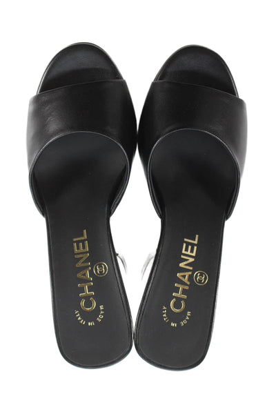 Chanel Womens CC Block Heel Single Strap Slide Sandals Black White Size 36