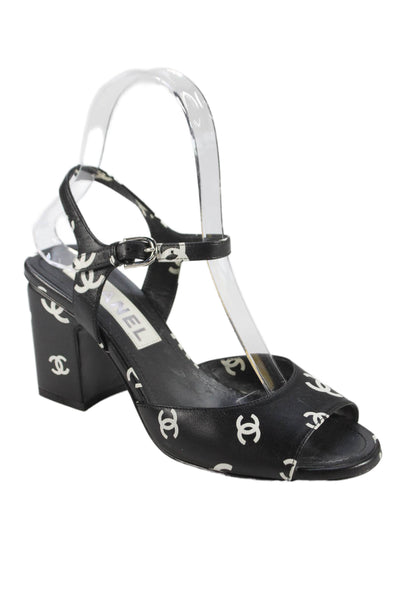 Chanel Womens Block Heel CC All Over Ankle Strap Sandals Black White Size 35.5