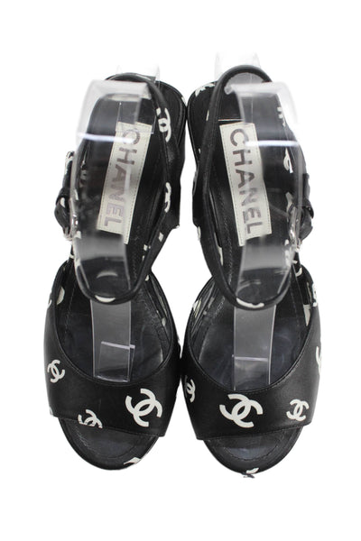 Chanel Womens Block Heel CC All Over Ankle Strap Sandals Black White Size 35.5