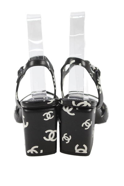 Chanel Womens Block Heel CC All Over Ankle Strap Sandals Black White Size 35.5
