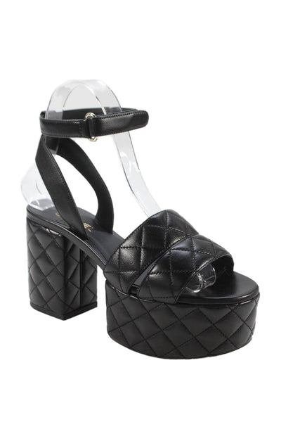 Chanel Womens Block Heel Platform Quilted Leather Ankle Strap Sandals Black 35
