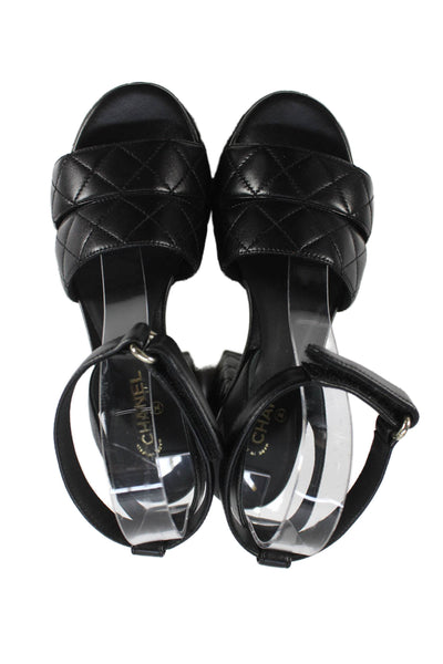 Chanel Womens Block Heel Platform Quilted Leather Ankle Strap Sandals Black 35
