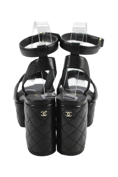 Chanel Womens Block Heel Platform Quilted Leather Ankle Strap Sandals Black 35