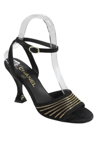 Chanel Womens High CC Heel Chain Trim Suede Ankle Strap Sandals Black Size 35
