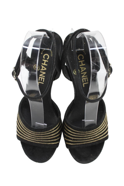 Chanel Womens High CC Heel Chain Trim Suede Ankle Strap Sandals Black Size 35