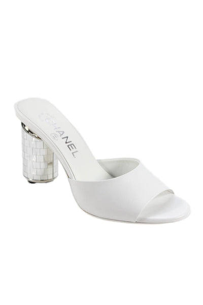 Chanel Womens Mirrored CC Block Heel Single Strap Slide Sandals White Leather 36