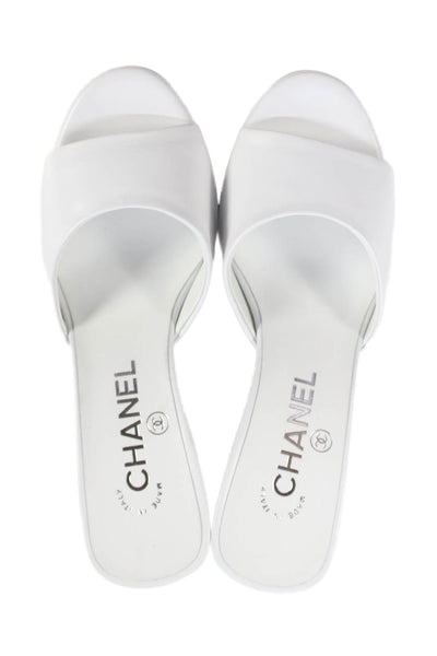 Chanel Womens Mirrored CC Block Heel Single Strap Slide Sandals White Leather 36