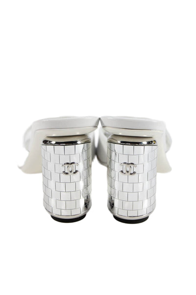 Chanel Womens Mirrored CC Block Heel Single Strap Slide Sandals White Leather 36