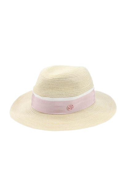 Maison Michel Womens Ribbon Logo Woven Wide Brim Hat Natural Pink Size Small