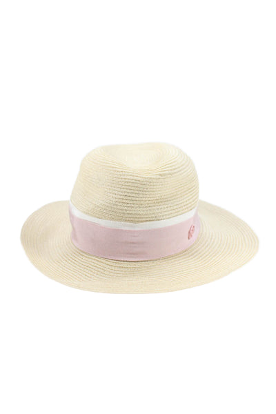 Maison Michel Womens Ribbon Logo Woven Wide Brim Hat Natural Pink Size Small