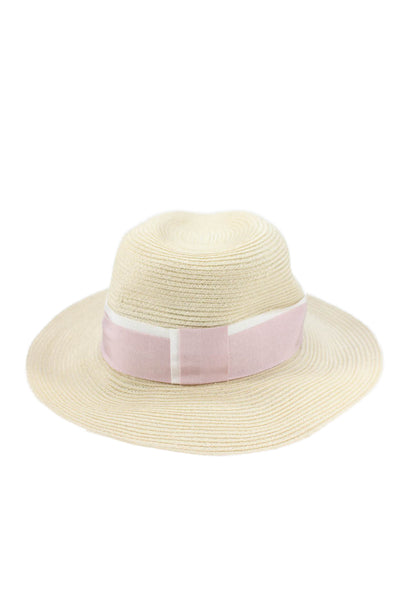 Maison Michel Womens Ribbon Logo Woven Wide Brim Hat Natural Pink Size Small