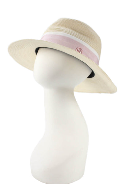 Maison Michel Womens Ribbon Logo Woven Wide Brim Hat Natural Pink Size Small