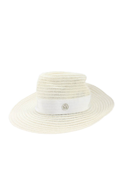 Maison Michel Womens Ribbon Logo Woven Wide Brim Hat White Size Small