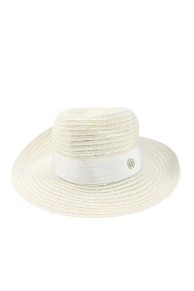 Maison Michel Womens Ribbon Logo Woven Wide Brim Hat White Size Small