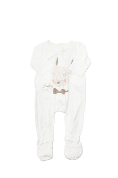 Chloe Girls Cotton  Cat Motif Rhinestoned One Piece White Size 1 Month