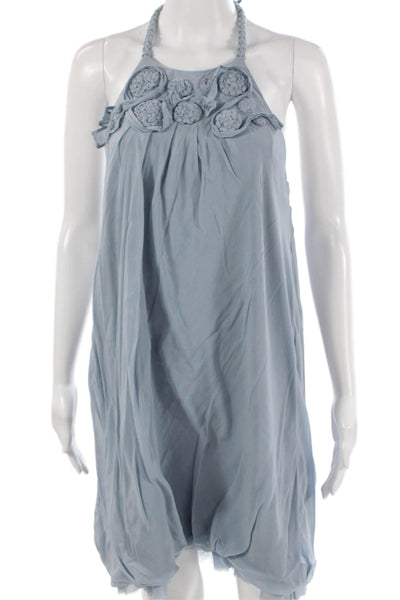 BCBGMAXAZRIA Women Silk Blue Halter Sundress Short Sleeveless Tie Size 10