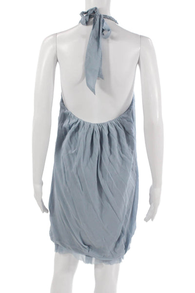 BCBGMAXAZRIA Women Silk Blue Halter Sundress Short Sleeveless Tie Size 10