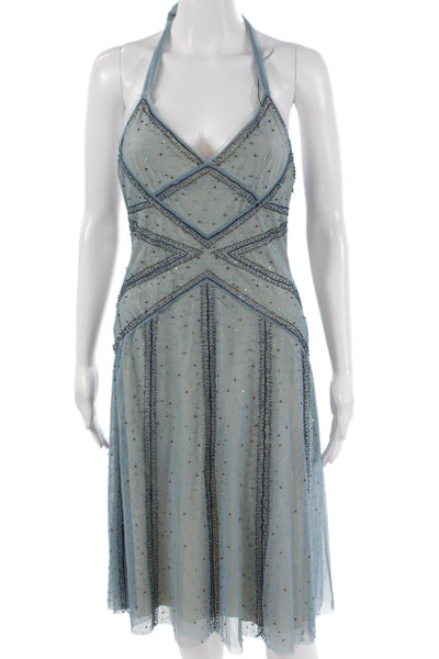 BCBGMAXAZRIA Women Silk Blue Halter Sundress Short Sleeveless Tie Size 10