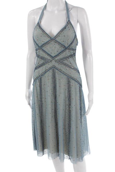 BCBGMAXAZRIA Women Silk Blue Halter Sundress Short Sleeveless Tie Size 10