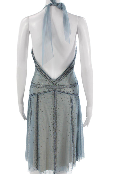 BCBGMAXAZRIA Womens A-Line Halter Blue Short Dress Polyester Sleeveless Size S