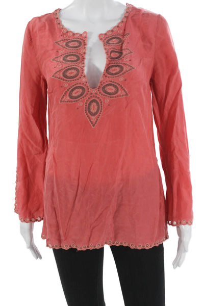 BCBGMAXAZRIA Women Silk Geometric V-Neck Long Sleeve Tunic Red Size XS