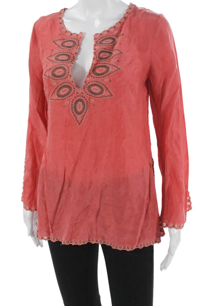 BCBGMAXAZRIA Women Silk Geometric V-Neck Long Sleeve Tunic Red Size XS