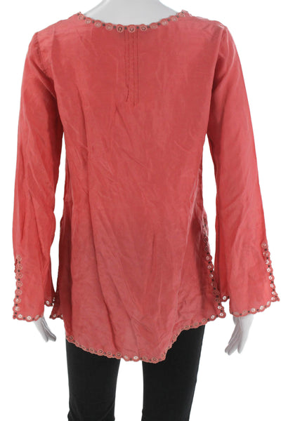 BCBGMAXAZRIA Women Silk Geometric V-Neck Long Sleeve Tunic Red Size XS