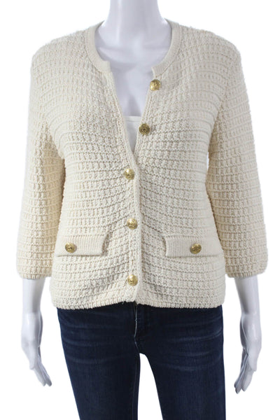 Zara Womens Cardigan Ivory Round Neck 3/4 Sleeve Cotton Size M