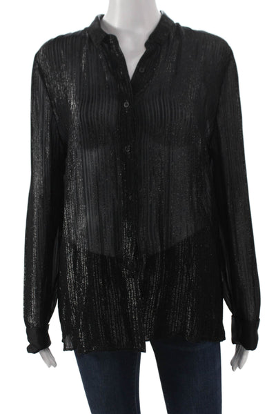 RtA Womens Silk Striped Collared Button-Up Long Sleeve Black Size M