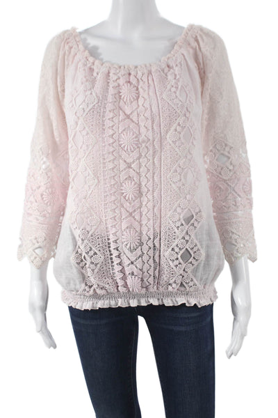 Temptation Women Pink Off Shoulder Geometric Cotton Blouse 3/4 Sleeve Size L