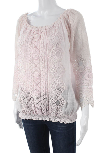 Temptation Women Pink Off Shoulder Geometric Cotton Blouse 3/4 Sleeve Size L