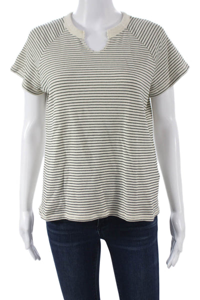 Madewell Women Basic Ivory Striped V-Neck Cotton Short Sleeve T-Shirt Size S