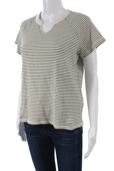 Madewell Women Basic Ivory Striped V-Neck Cotton Short Sleeve T-Shirt Size S